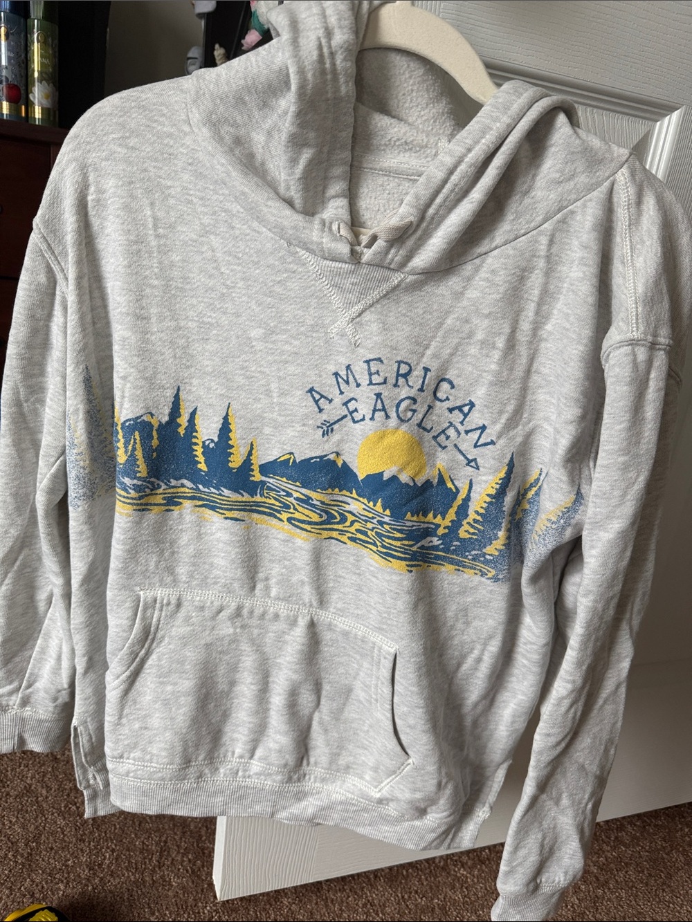 American Eagle Outfitters Gray Hoodie with Blue and Yellow Graphic